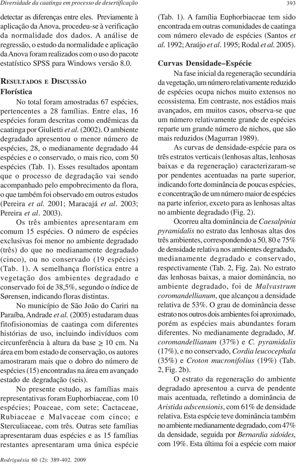 RESULTADOS E DISCUSSÃO Florística No total foram amostradas 67 espécies, pertencentes a 28 famílias. Entre elas, 16 espécies foram descritas como endêmicas da caatinga por Giulietti et al. (2002).