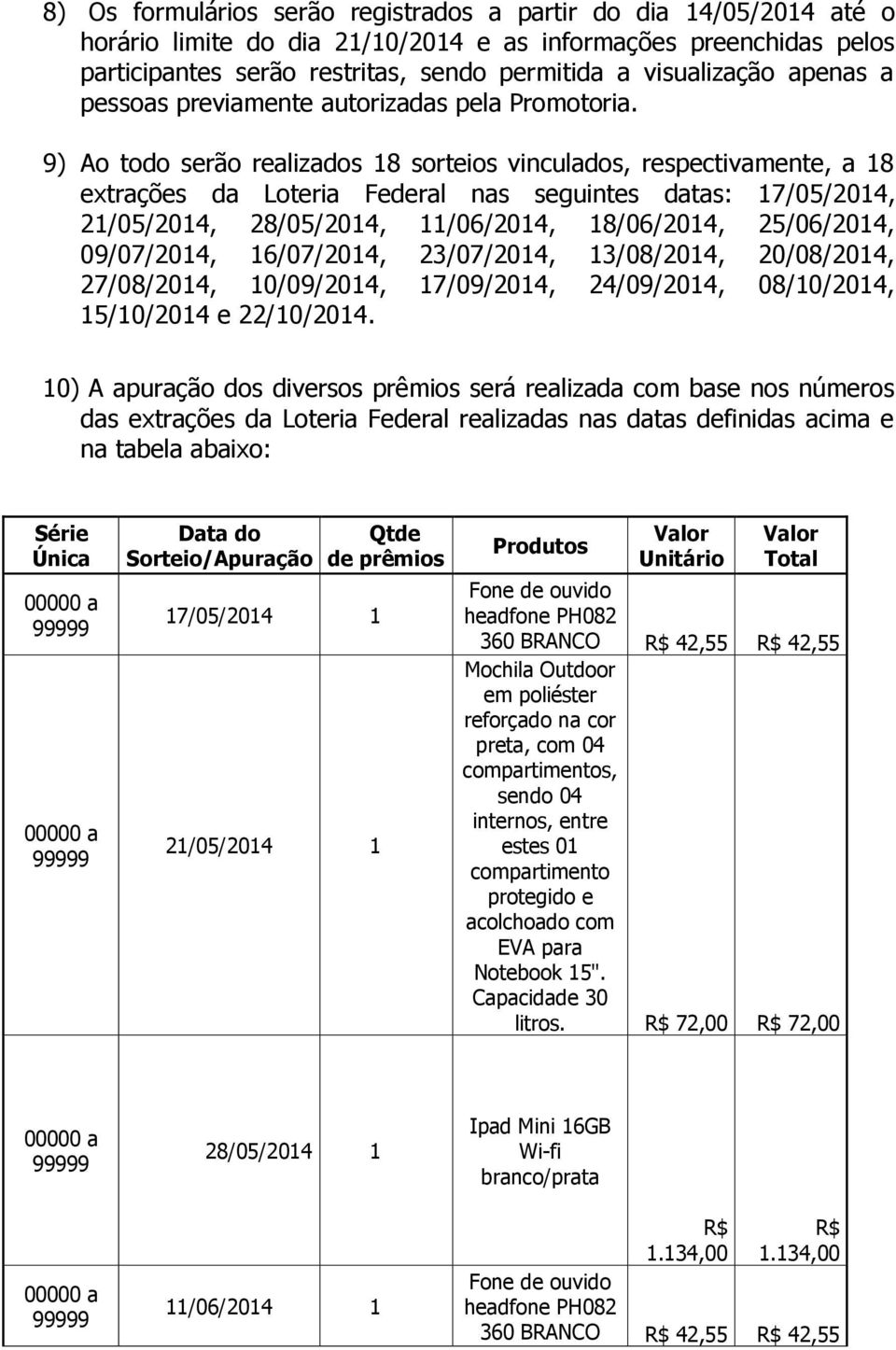 9) Ao todo serão realizados 8 sorteios vinculados, respectivamente, a 8 extrações da Loteria Federal nas seguintes datas: 7/05/204, 2/05/204, 28/05/204, /06/204, 8/06/204, 25/06/204, 09/07/204,