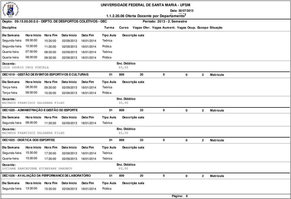 Teórica Terça-feira 09:30:00 10:30:00 02/09/2013 18/01/2014 Prática MATHEUS FRANCISCO SALDANHA FILHO 30,00 DEC1020 - ADMINISTRAÇÃO E GESTÃO DO ESPORTE Segunda-feira 08:30:00 11:30:00 02/09/2013