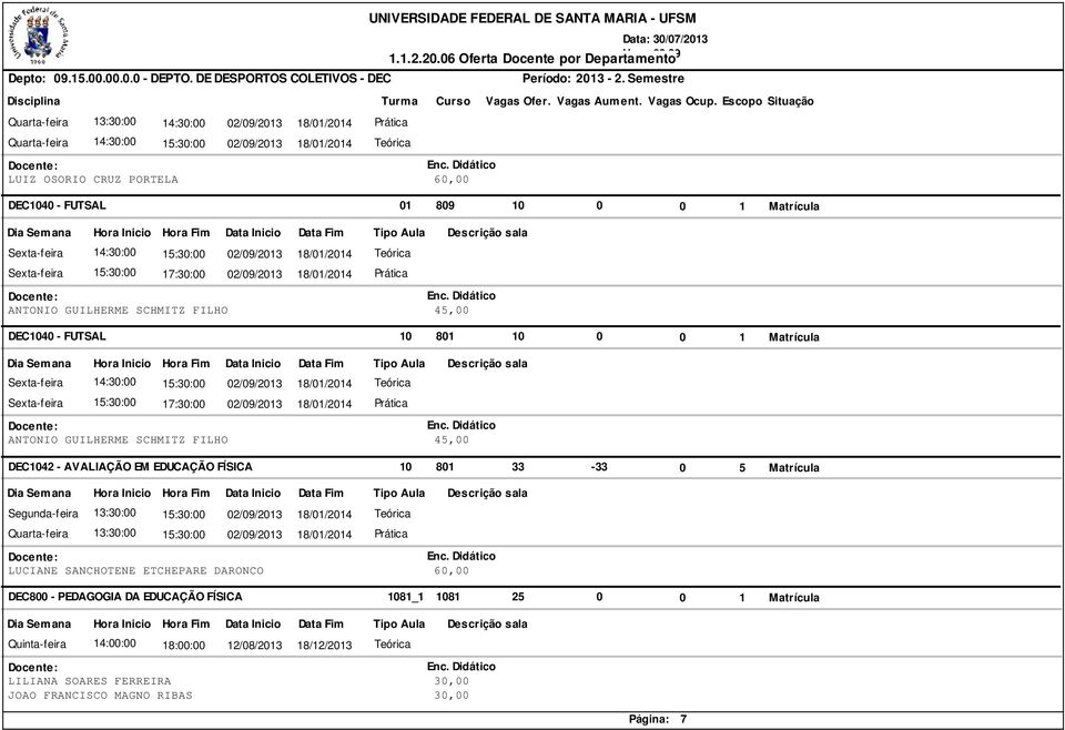 15:30:00 02/09/2013 18/01/2014 Teórica Sexta-feira 15:30:00 17:30:00 02/09/2013 18/01/2014 Prática ANTONIO GUILHERME SCHMITZ FILHO 45,00 DEC1042 - AVALIAÇÃO EM EDUCAÇÃO FÍSICA 10 801 33-33 0 5