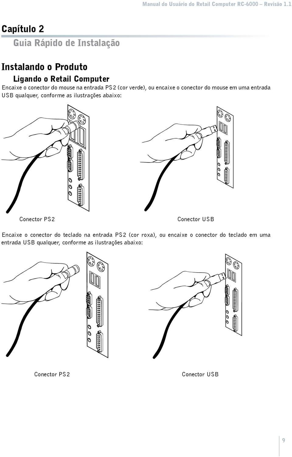 ilustrações abaixo: Conector PS2 Conector USB Encaixe o conector do teclado na entrada PS2 (cor roxa), ou