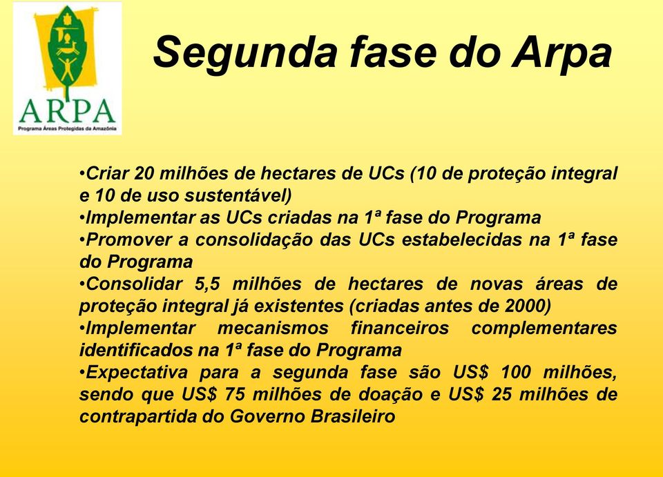 proteção integral já existentes (criadas antes de 2000) Implementar mecanismos financeiros complementares identificados na 1ª fase do