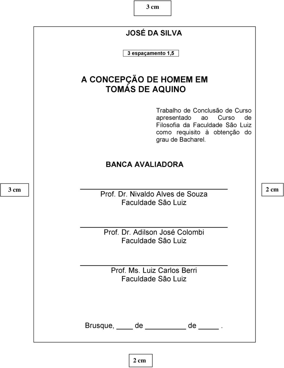 Bacharel. BANCA AVALIADORA 3 cm Prof. Dr. Nivaldo Alves de Souza Faculdade São Luiz 2 cm Prof. Dr. Adilson José Colombi Faculdade São Luiz Prof.