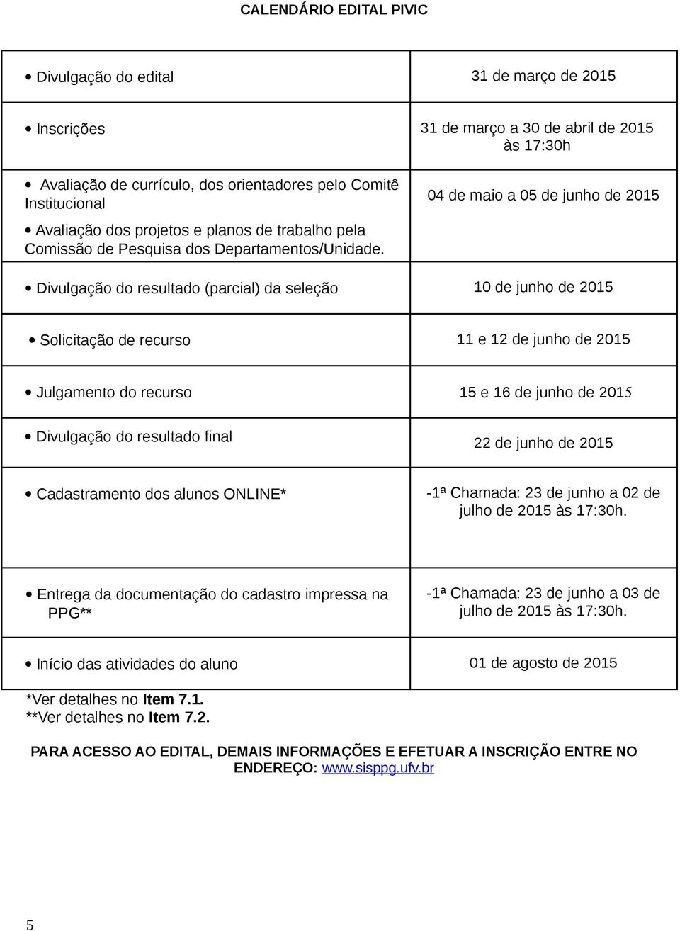 04 de maio a 05 de junho de 2015 Divulgação do resultado (parcial) da seleção 10 de junho de 2015 Solicitação de recurso 11 e 12 de junho de 2015 Julgamento do recurso 15 e 16 de junho de 201