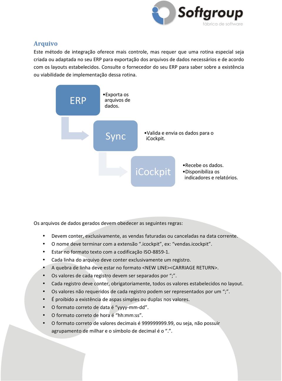 Sync Valida e envia os dados para o icockpit. icockpit Recebe os dados. Disponibiliza os indicadores e relatórios.