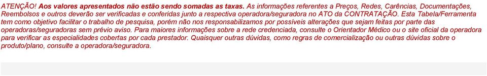 Esta Tabela/Ferramenta tem como objetivo facilitar o trabalho de pesquisa, porém não nos responsabilizamos por possíveis alterações que sejam feitas por parte das operadoras/seguradoras sem