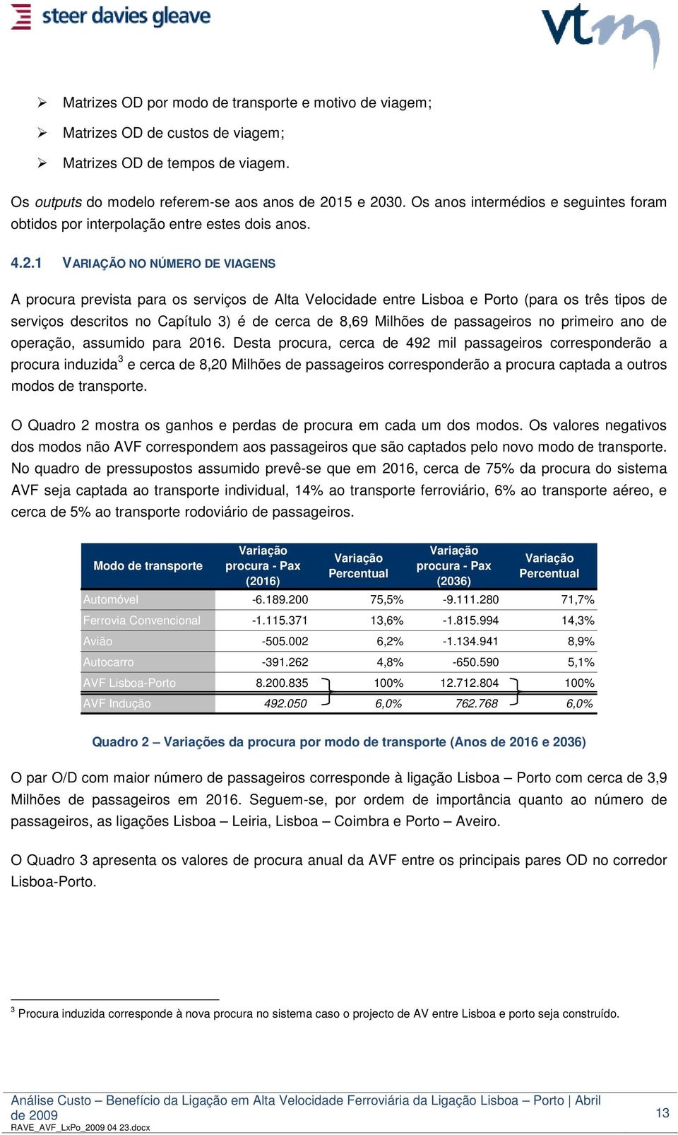 1 VARIAÇÃO NO NÚMERO DE VIAGENS A procura prevista para os serviços de Alta Velocidade entre Lisboa e Porto (para os três tipos de serviços descritos no Capítulo 3) é de cerca de 8,69 Milhões de