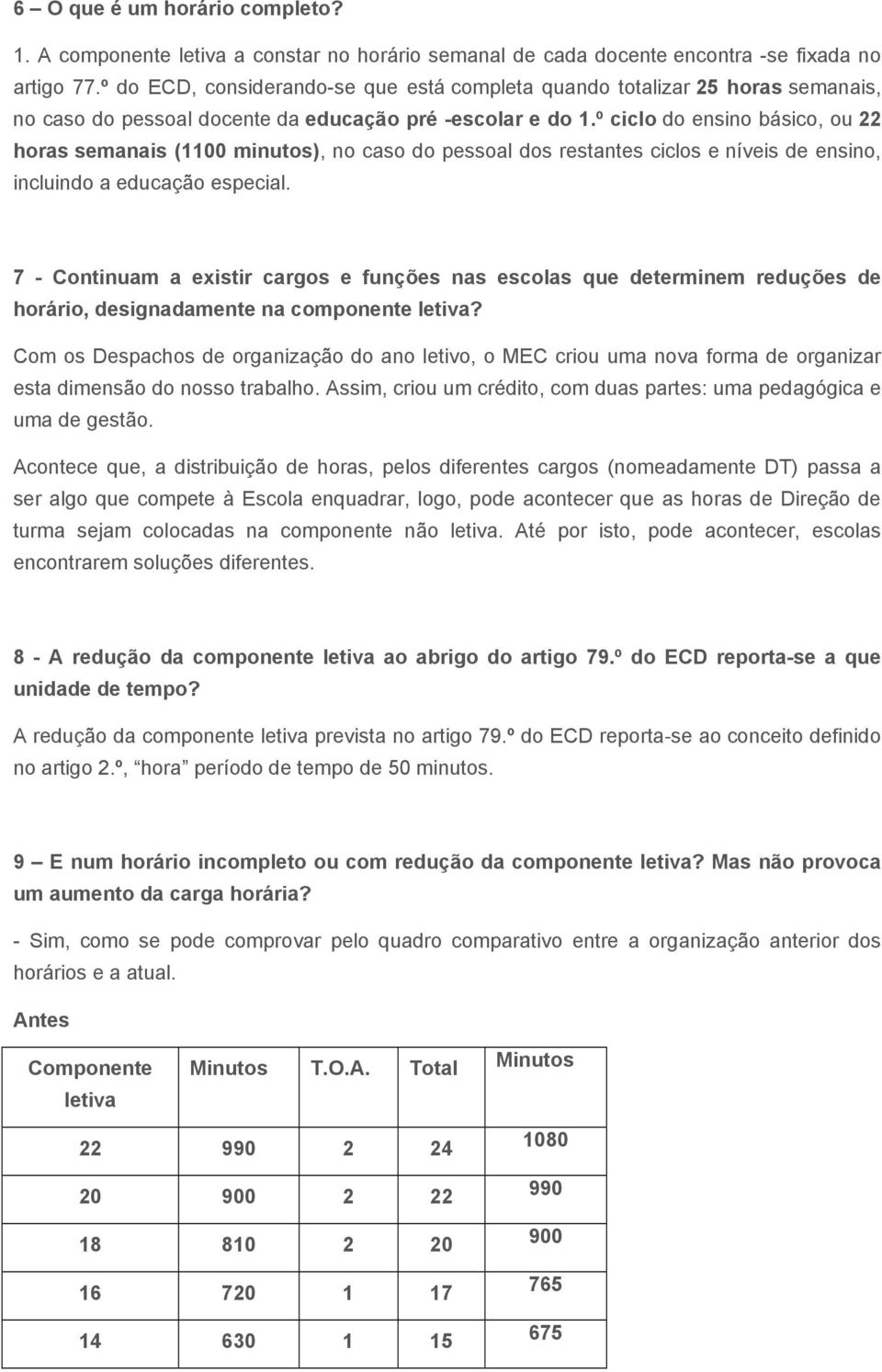 º ciclo do ensino básico, ou 22 horas semanais (1100 minutos), no caso do pessoal dos restantes ciclos e níveis de ensino, incluindo a educação especial.