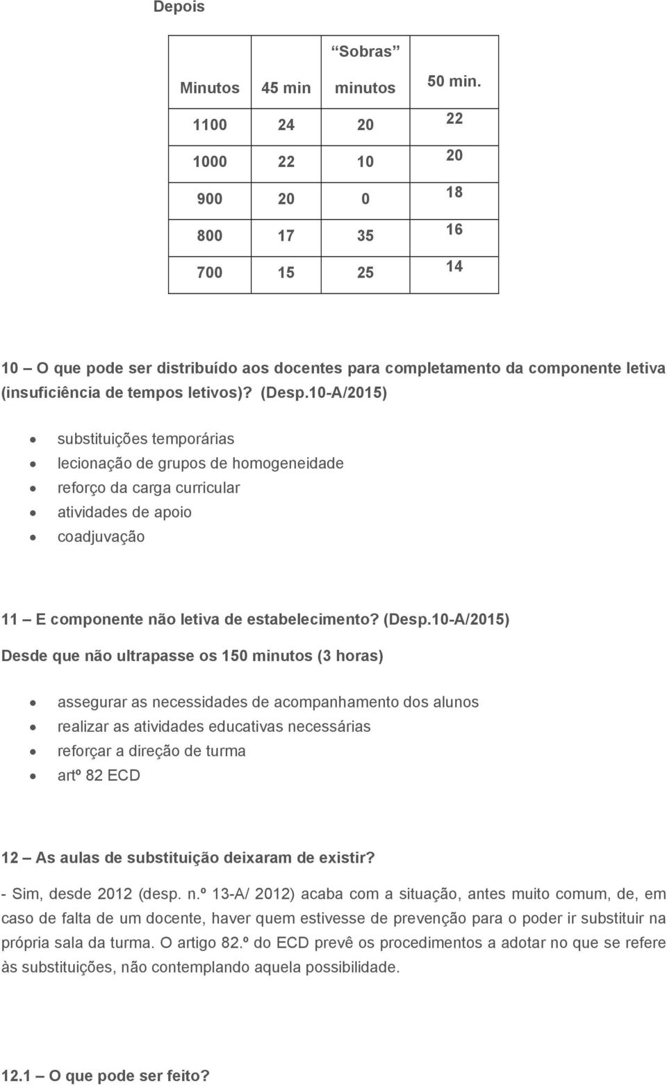 10-A/2015) substituições temporárias lecionação de grupos de homogeneidade reforço da carga curricular atividades de apoio coadjuvação 11 E componente não letiva de estabelecimento? (Desp.