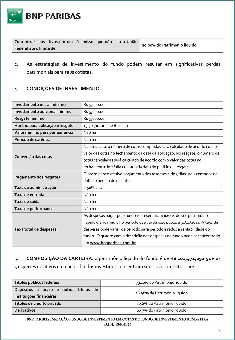 00 Investimento adicional mínimo R$ 5,000.00 Resgate mínimo R$ 5,000.