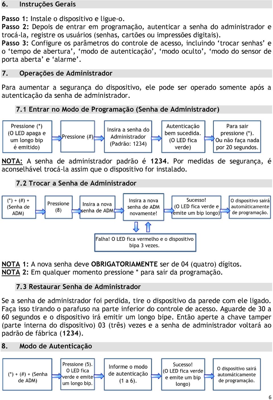 Passo 3: Configure os parâmetros do controle de acesso, incluindo trocar senhas e o tempo de abertura, modo de autenticação, modo oculto, modo do sensor de porta aberta e alarme. 7.