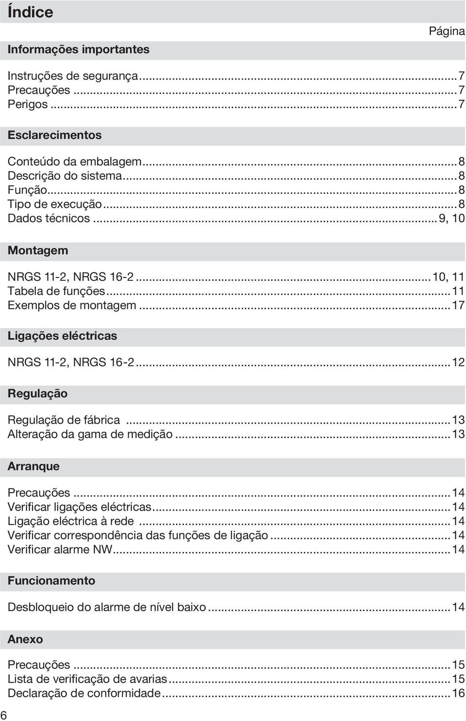 ..12 Regulação Regulação de fábrica...13 Alteração da gama de medição...13 Arranque Precauções...14 Verificar ligações eléctricas...14 Ligação eléctrica à rede.