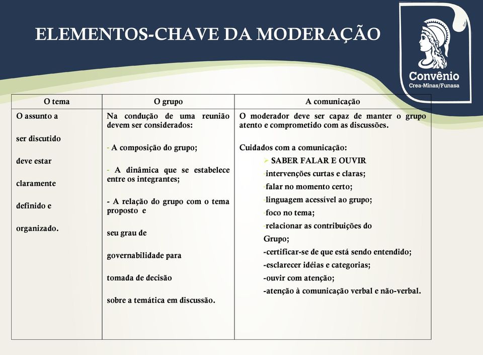 - A composição do grupo; Cuidados com a comunicação: SABER FALAR E OUVIR - A dinâmica que se estabelece entre os integrantes; - A relação do grupo com o tema proposto e seu grau de governabilidade