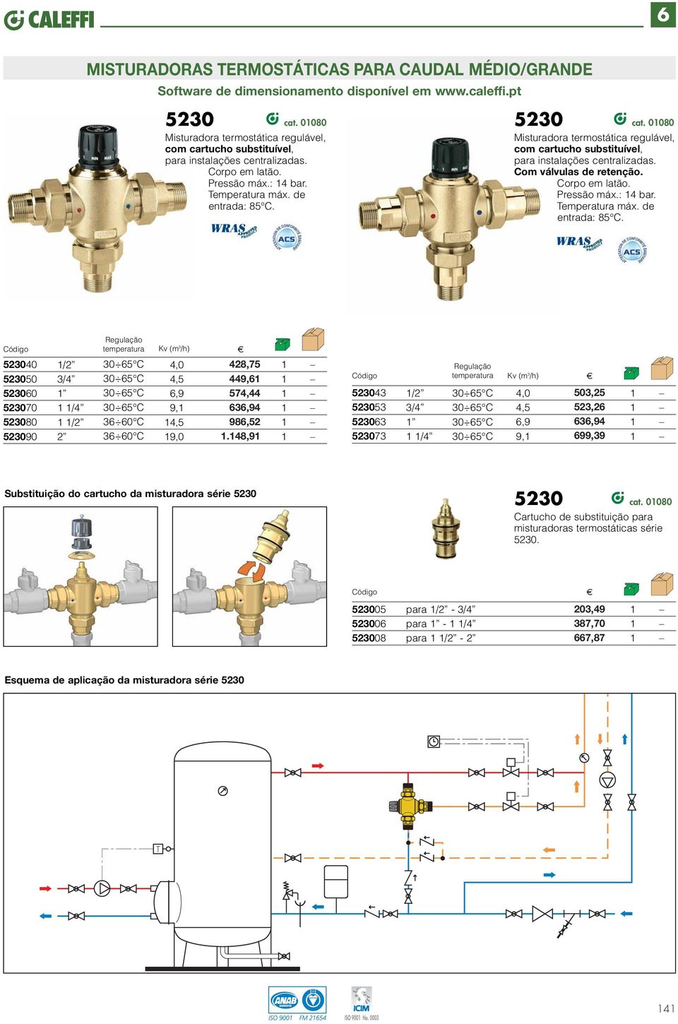 0080 Misturadora termostática regulável, com cartucho substituível, para instalações centralizadas. Com válvulas de retenção. Pressão máx.: bar. Temperatura máx. de entrada: 8 C.