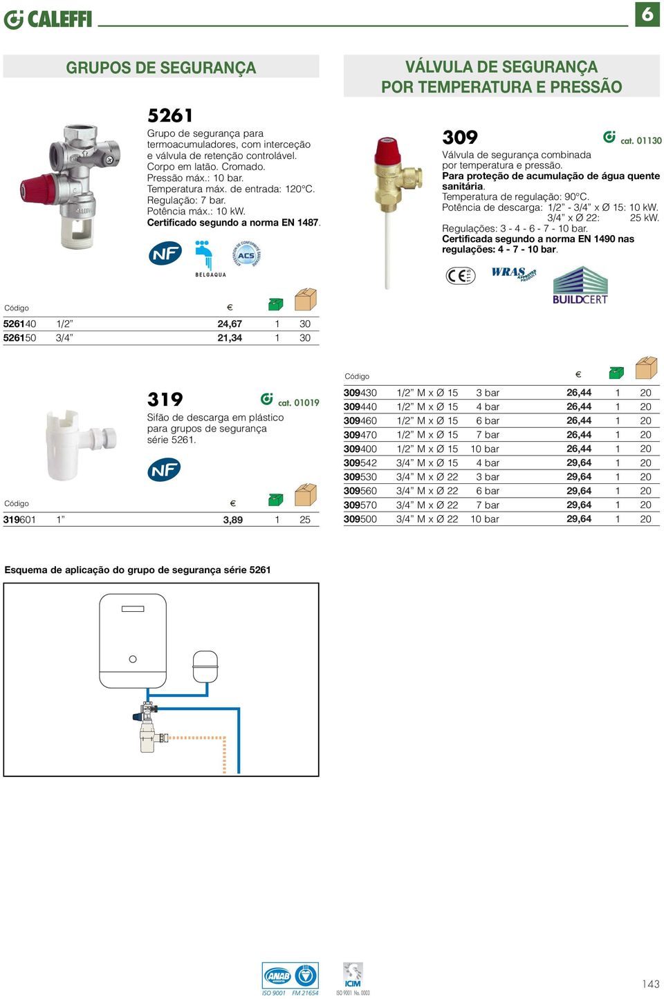 Para proteção de acumulação de água quente sanitária. Temperatura de regulação: 90 C. Potência de descarga: /2 - x Ø : 0 kw. x Ø 22: 2 kw. Regulações: 3 - - 6-7 - 0 bar.