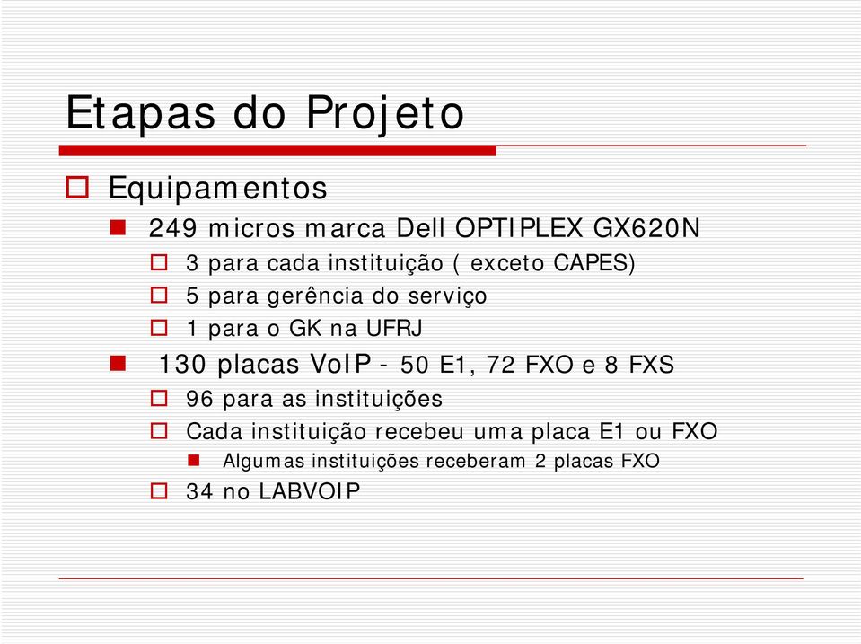 placas VoIP - 50 E1, 72 FXO e 8 FXS 96 para as instituições Cada instituição