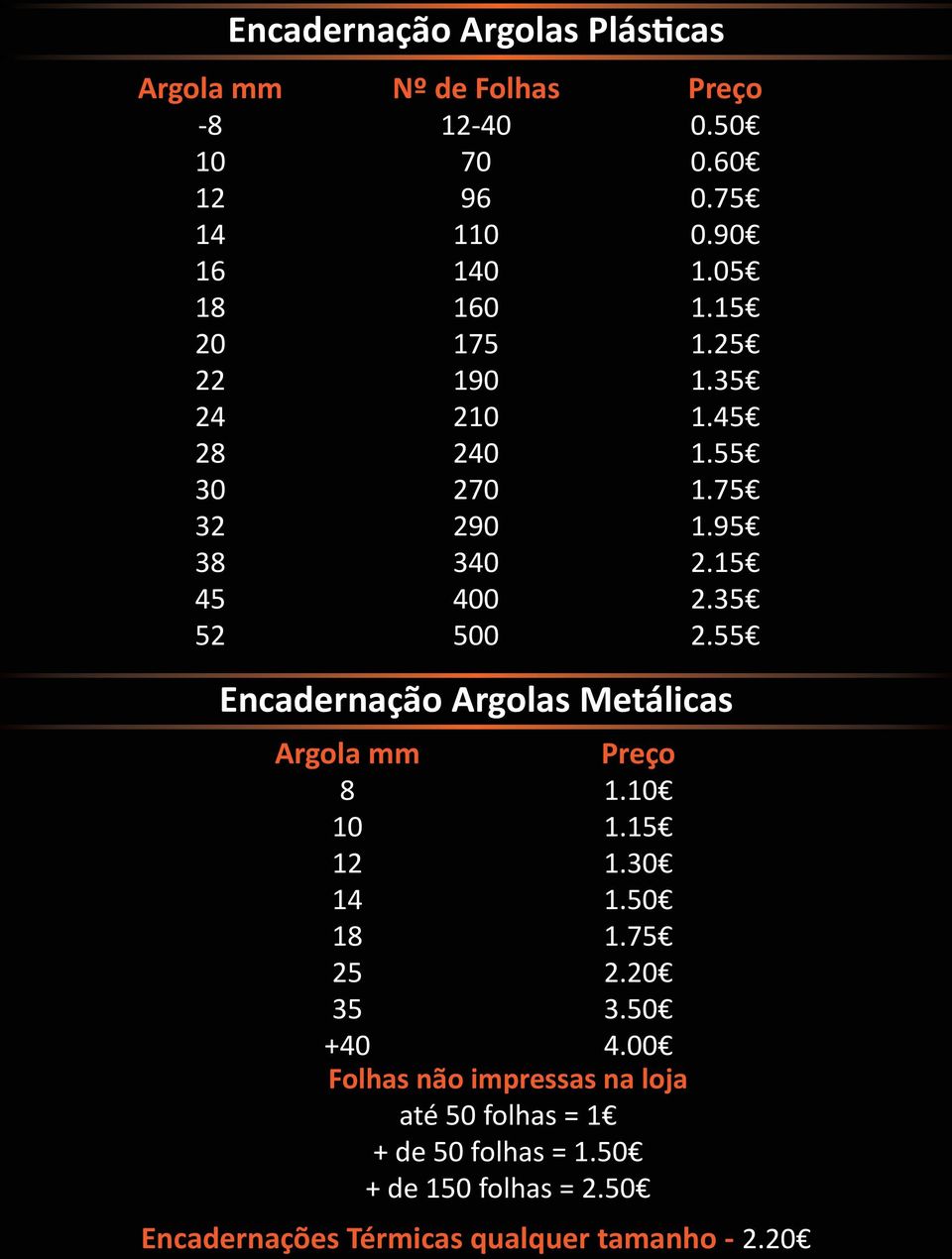 55 Encadernação Argolas Metálicas Argola mm Preço 8 1.10 10 1.15 12 1.30 14 1.50 18 1.75 25 2.20 35 3.50 +40 4.