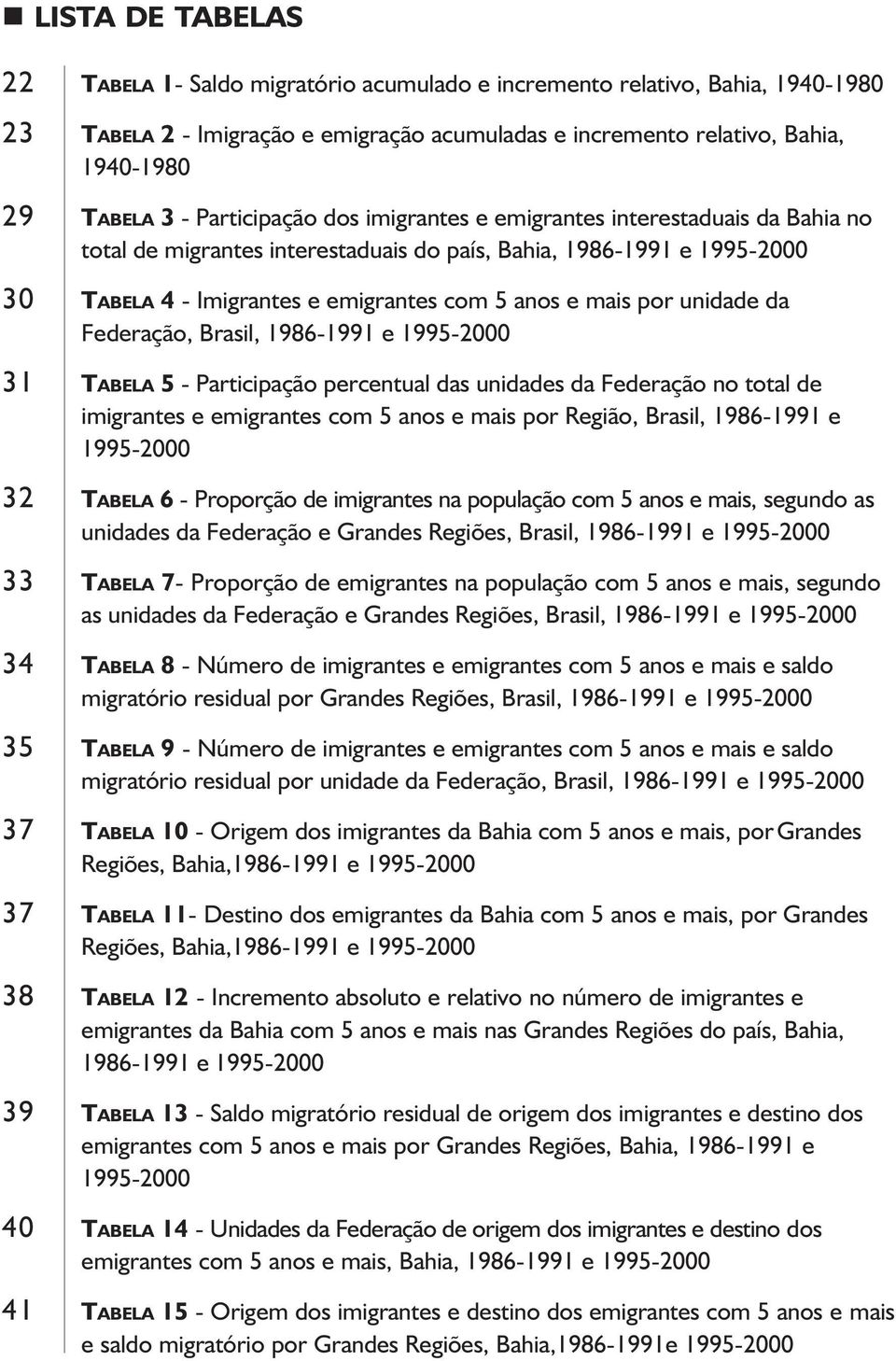 Brasil, 31 TABELA 5 - Participação percentual das unidades da Federação no total de imigrantes e emigrantes com 5 anos e mais por Região, Brasil, 1986-1991 e 32 TABELA 6 - Proporção de imigrantes na