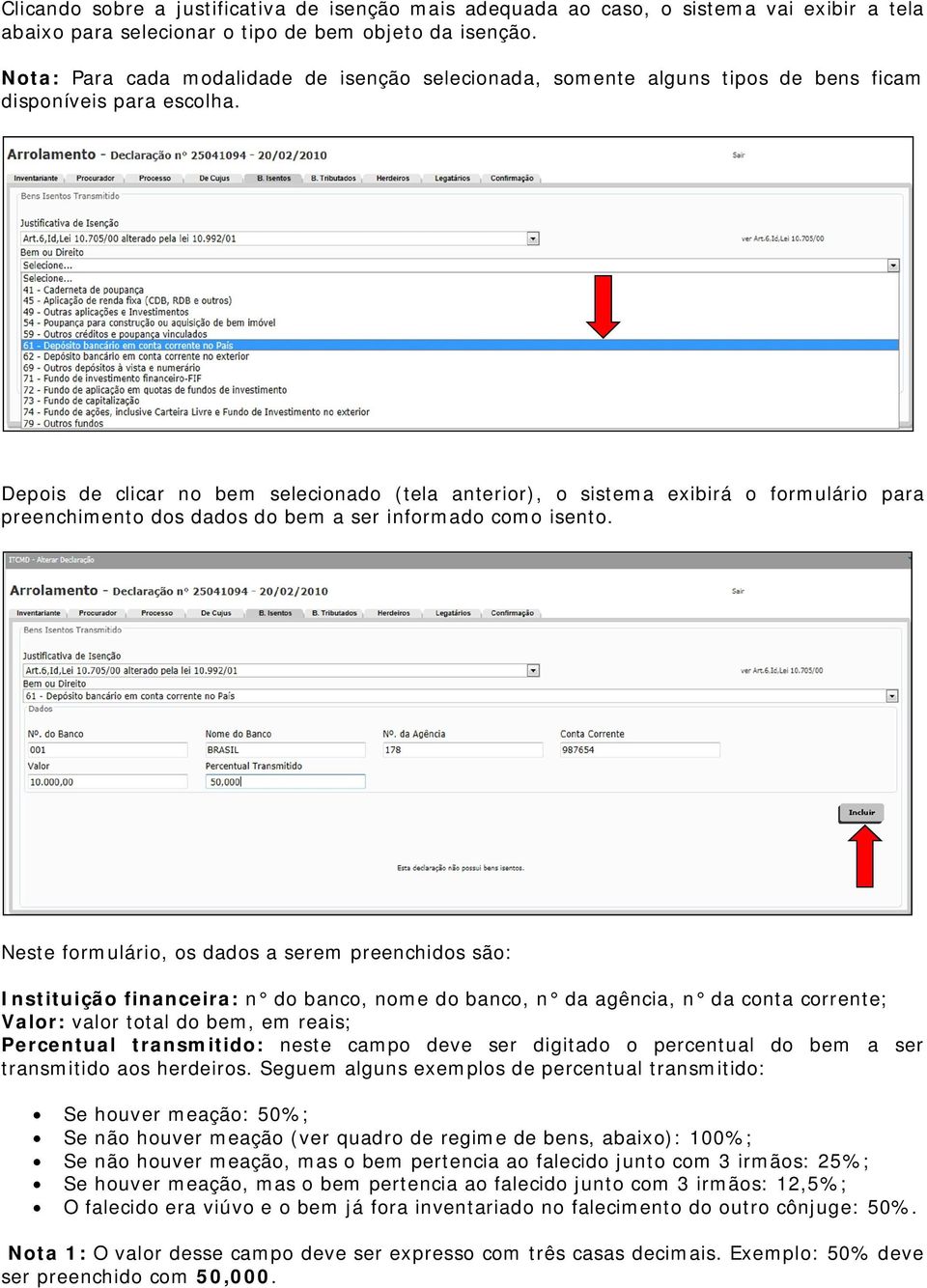 Depois de clicar no bem selecionado (tela anterior), o sistema exibirá o formulário para preenchimento dos dados do bem a ser informado como isento.