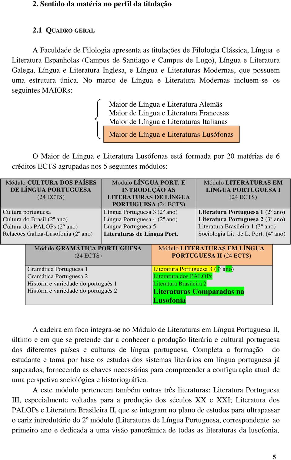 Literatura Inglesa, e Língua e Literaturas Modernas, que possuem uma estrutura única.