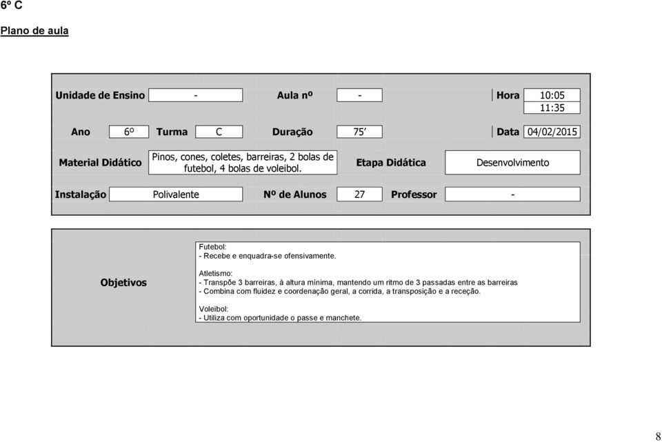 Etapa Didática Desenvolvimento Instalação Polivalente Nº de Alunos 27 Professor - Futebol: - Recebe e enquadra-se ofensivamente.