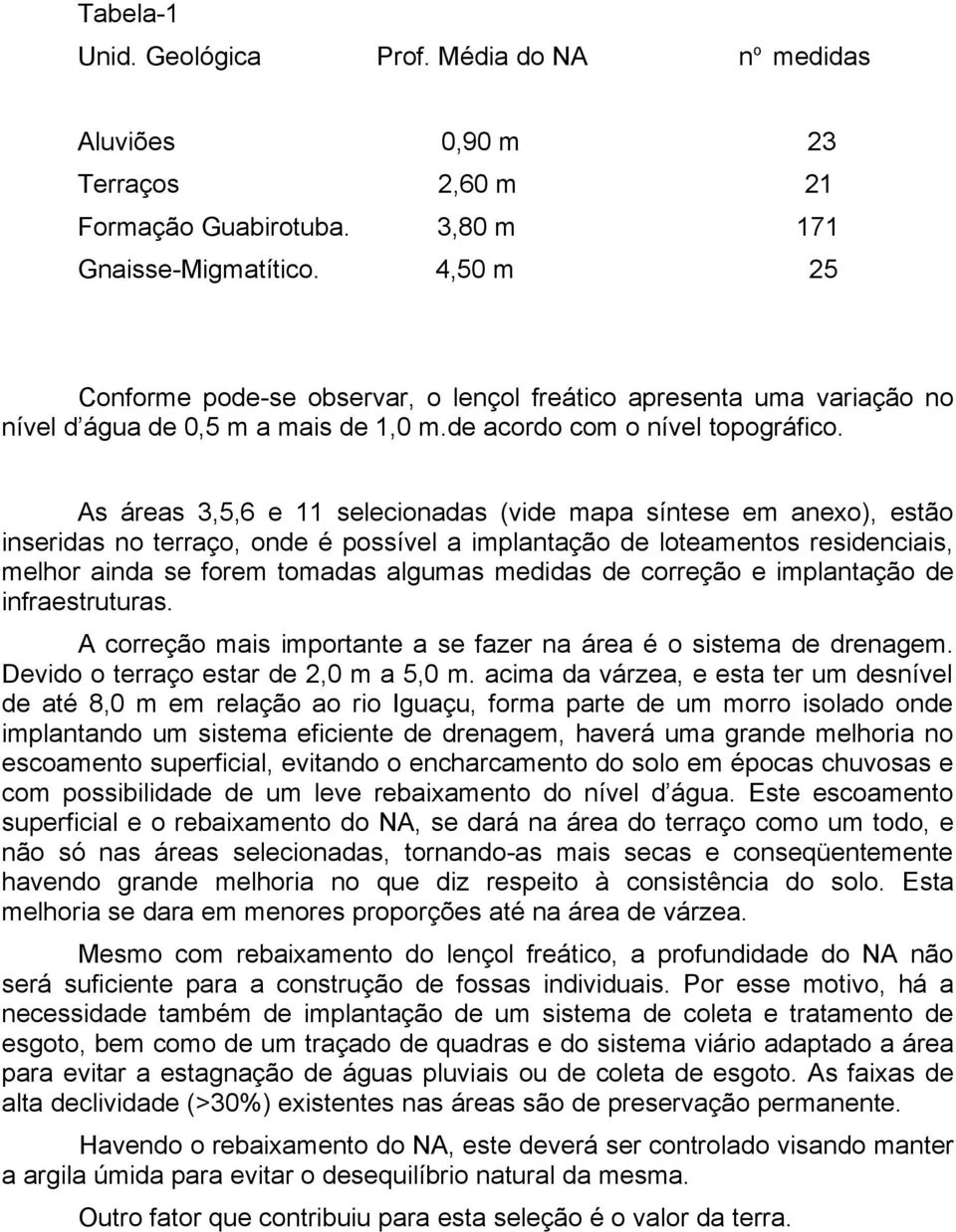 As áreas 3,5,6 e 11 selecionadas (vide mapa síntese em anexo), estão inseridas no terraço, onde é possível a implantação de loteamentos residenciais, melhor ainda se forem tomadas algumas medidas de