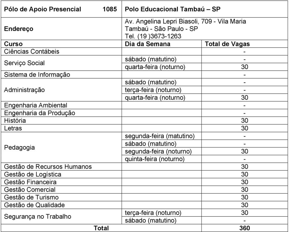 (19 )3673-1263 Ciências Contábeis - quarta-feira (noturno) 30 Sistema de Informação - terça-feira (noturno) -