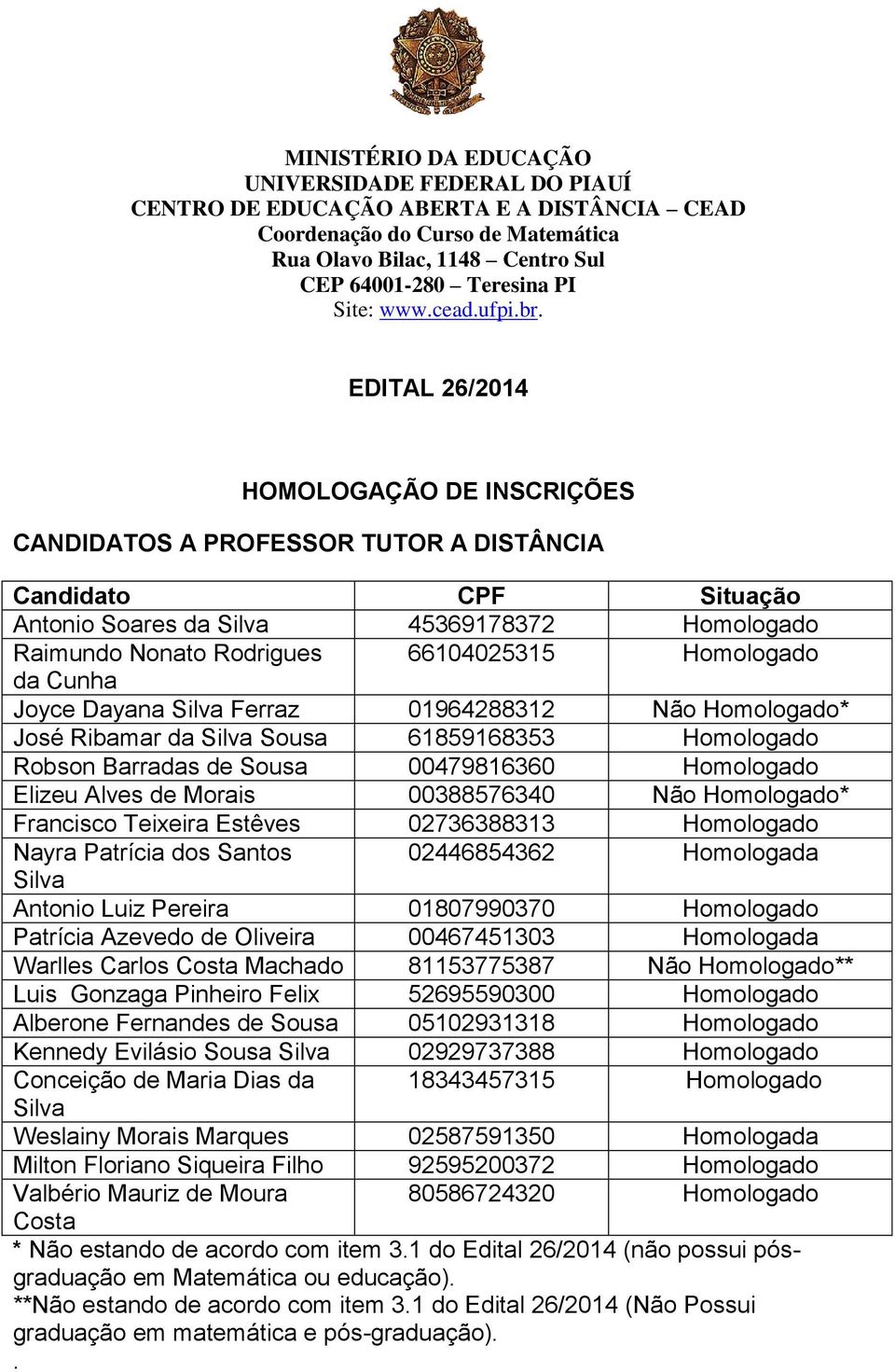 EDITAL 26/2014 HOMOLOGAÇÃO DE INSCRIÇÕES CANDIDATOS A PROFESSOR TUTOR A DISTÂNCIA Antonio Soares da Silva 45369178372 Homologado Raimundo Nonato Rodrigues 66104025315 Homologado da Cunha Joyce Dayana