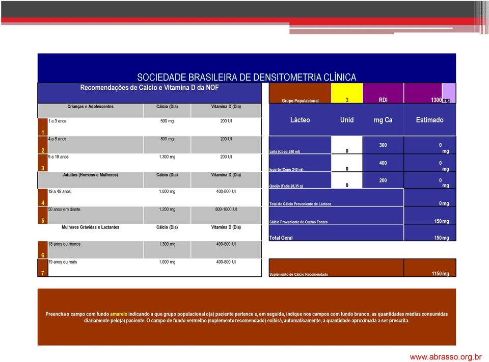 000 mg 400-800 UI Lácteo Unid mg Ca Estimado Leite (Copo 240 ml) 0 Iogurte (Copo 240 ml) 0 300 0 mg 400 0 mg 200 0 Queijo (Fatia 28,35 g) 0 mg 4 50 anos em diante 1.