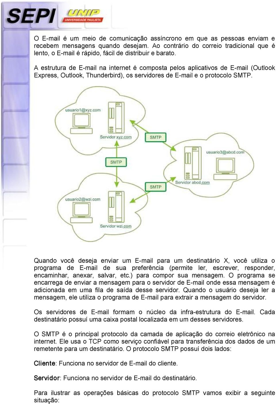 A estrutura de E mail na internet é composta pelos aplicativos de E mail (Outlook Express, Outlook, Thunderbird), os servidores de E mail e o protocolo SMTP.