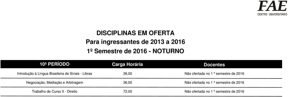 no 1 º semestre de 2016 Negociação, Mediação e Arbitragem 36,00 Não ofertada no 1 º