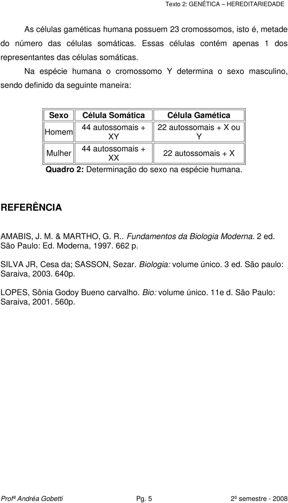 + Mulher 22 autossomais + X XX Quadro 2: Determinação do sexo na espécie humana. REFERÊNCIA AMABIS, J. M. & MARTHO, G. R.. Fundamentos da Biologia Moderna. 2 ed. São Paulo: Ed. Moderna, 1997. 662 p.