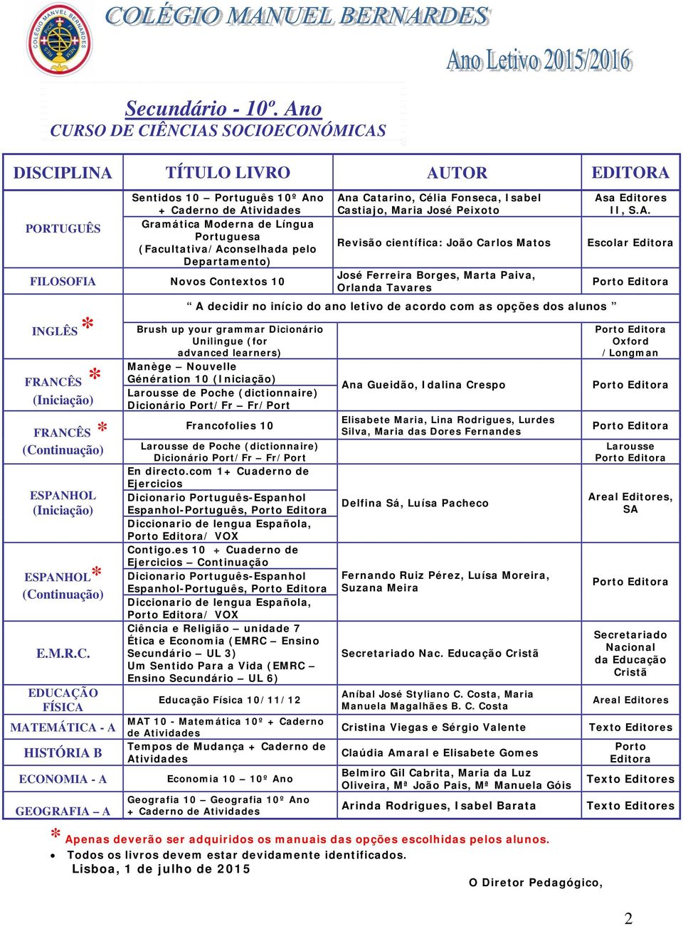 Catarino, Célia Fonseca, Isabel Castiajo, Maria José Peixoto Matos José Ferreira Borges, Marta Paiva, Orlanda Tavares A decidir no início do ano letivo de acordo com as opções dos alunos Brush up