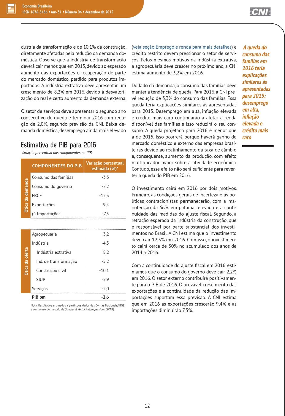 A indústria extrativa deve apresentar um crescimento de 8,2% em 2016, devido à desvalorização do real e certo aumento da demanda externa.