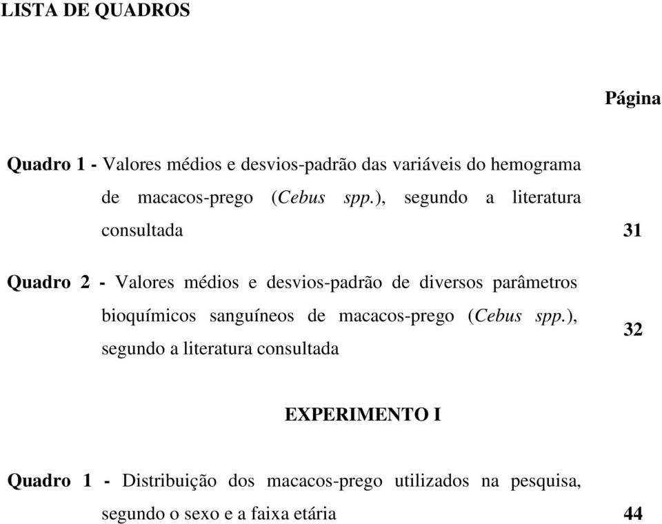 ), segundo a literatura consultada 31 Quadro 2 - Valores médios e desvios-padrão de diversos parâmetros