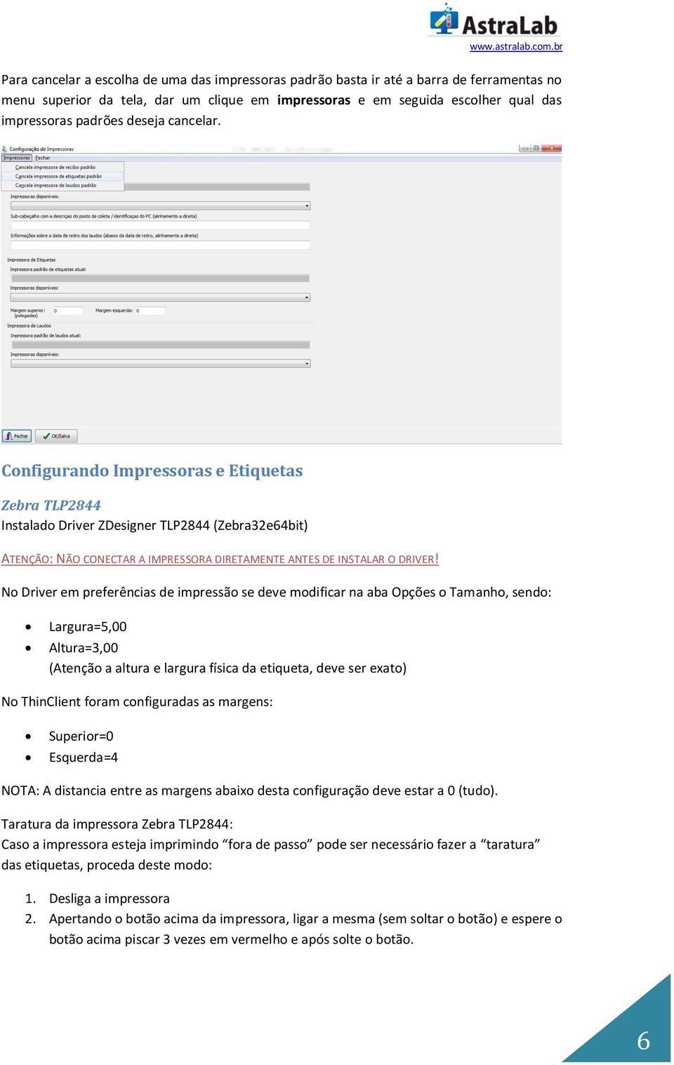 No Driver em preferências de impressão se deve modificar na aba Opções o Tamanho, sendo: Largura=5,00 Altura=3,00 (Atenção a altura e largura física da etiqueta, deve ser exato) No ThinClient foram