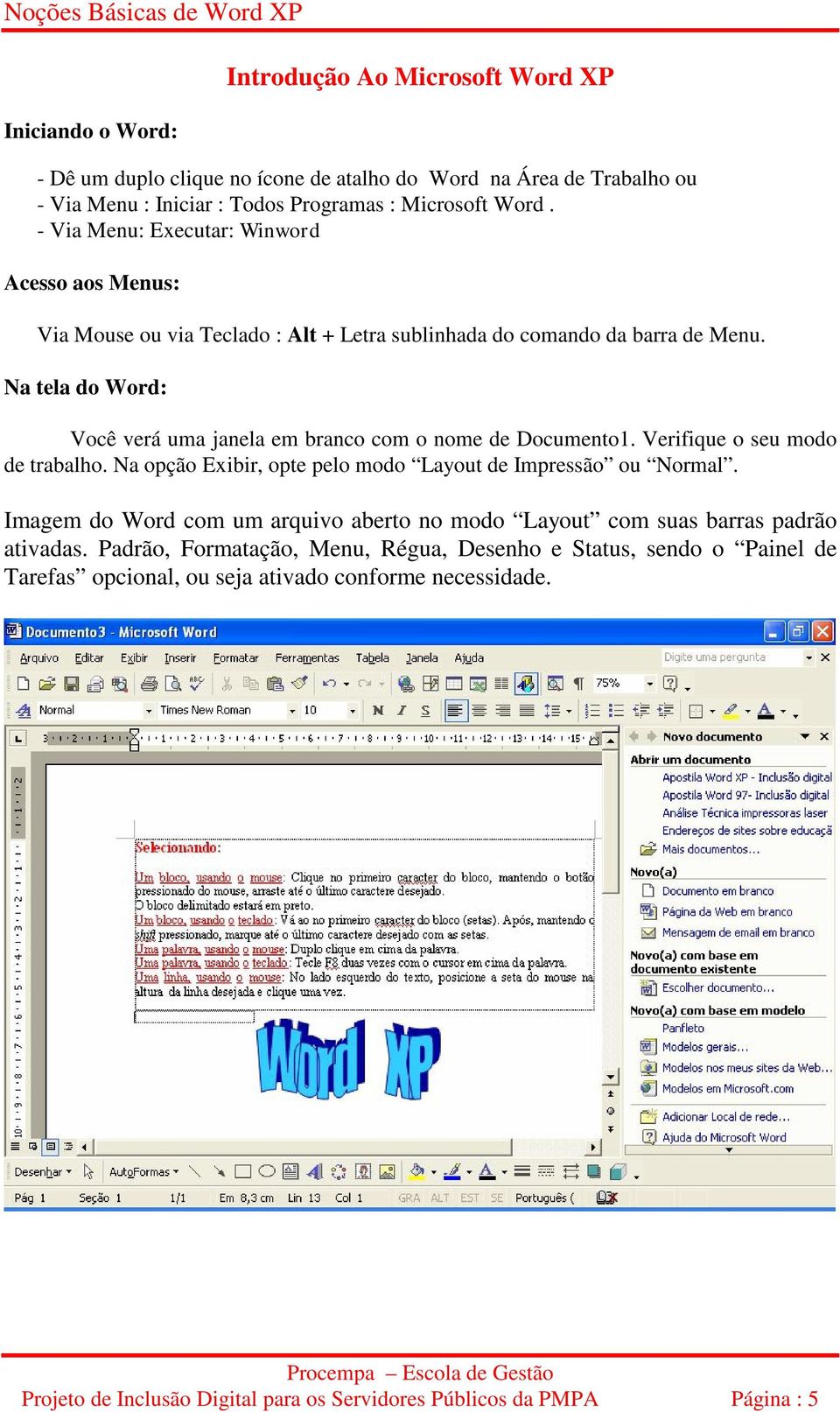 Na tela do Word: Você verá uma janela em branco com o nome de Documento1. Verifique o seu modo de trabalho. Na opção Exibir, opte pelo modo Layout de Impressão ou Normal.