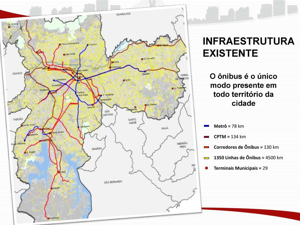 km CPTM = 134 km Corredores de Ônibus = 130 km