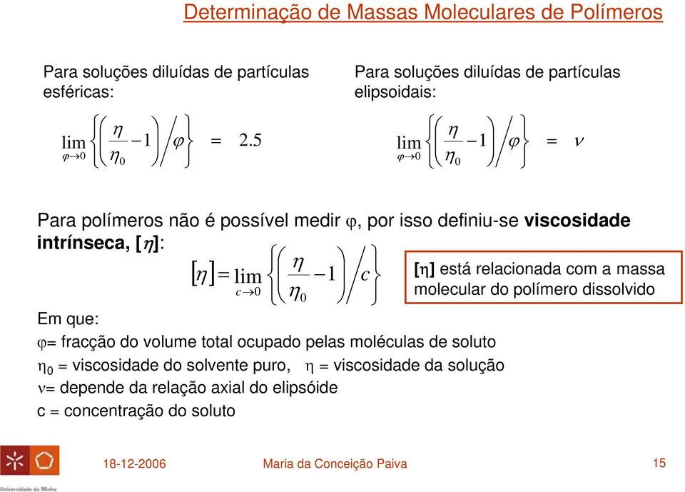 que: ϕ= fracção do volume total ocupado pelas moléculas de soluto η 0 = viscosidade do solvente puro, η = viscosidade da solução ν= depende