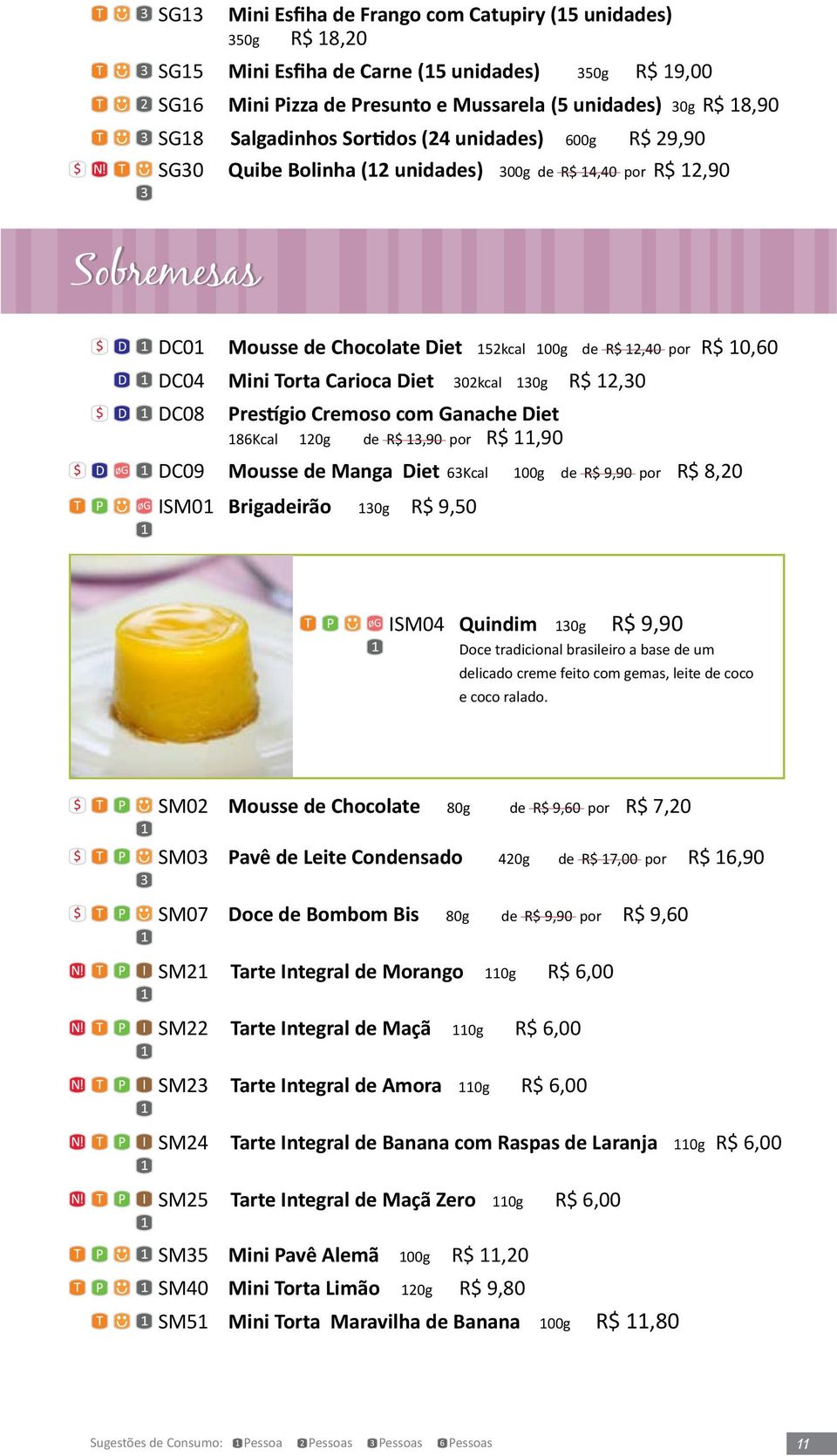 Mini Torta Carioca Diet 302kcal 130g R$ 12,30 DC08 Prestígio Cremoso com Ganache Diet 186Kcal 120g de R$ 13,90 por R$ 11,90 DC09 Mousse de Manga Diet 63Kcal 100g de R$ 9,90 por R$ 8,20 ISM01