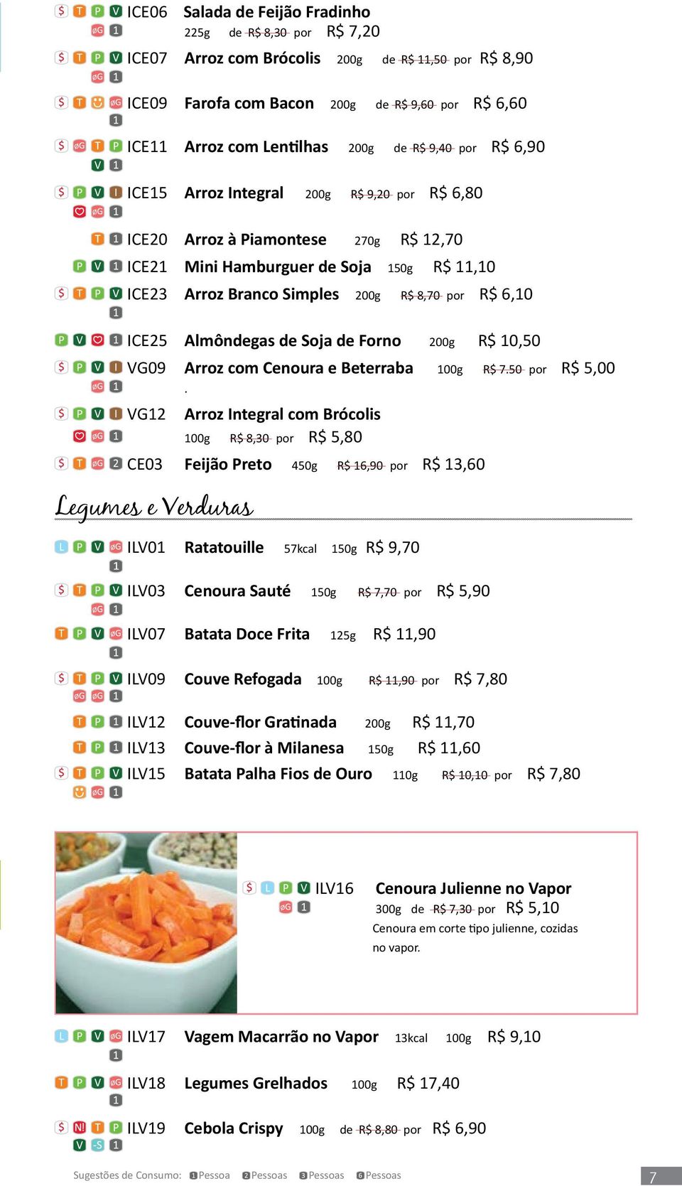 6,10 ICE25 Almôndegas de Soja de Forno 200g R$ 10,50 VG09 Arroz com Cenoura e Beterraba 100g R$ 7.50 por R$ 5,00.