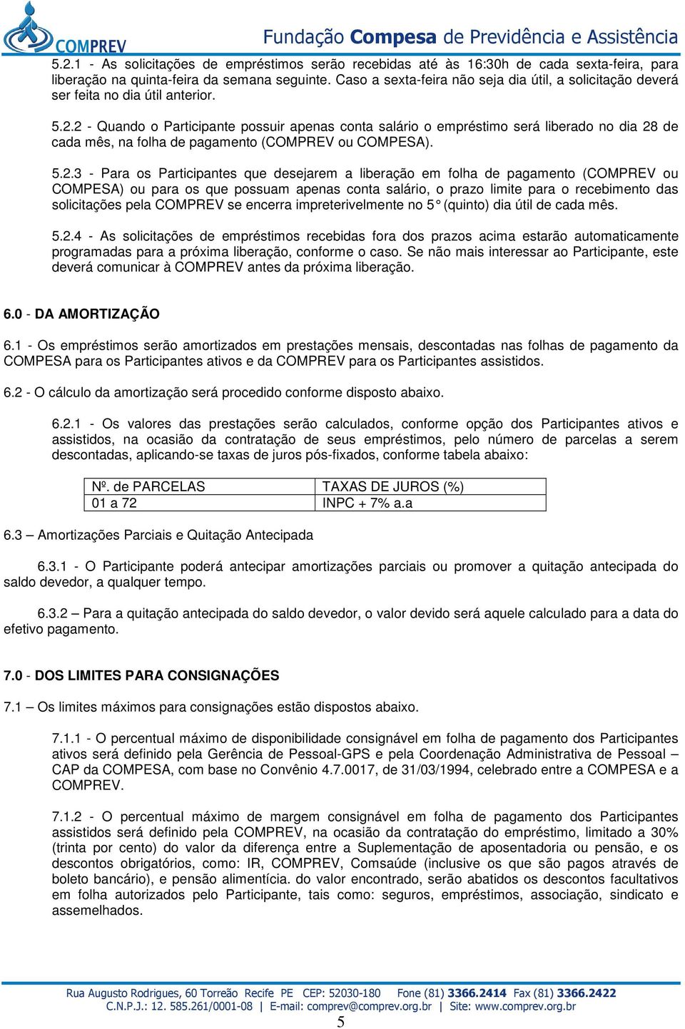 2 - Quando o Participante possuir apenas conta salário o empréstimo será liberado no dia 28 de cada mês, na folha de pagamento (COMPREV ou COMPESA). 5.2.3 - Para os Participantes que desejarem a