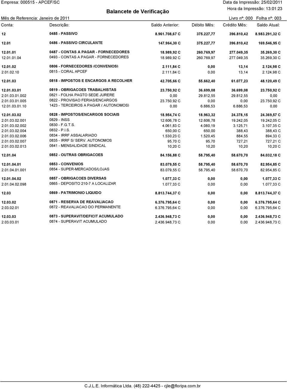 111,84 C 0,00 13,14 2.124,98 C 2.01.02.10 0815 - CORAL APCEF 2.111,84 C 0,00 13,14 2.124,98 C 12.01.03 0818 - IMPOSTOS E ENCARGOS A RECOLHER 42.705,66 C 55.662,40 61.077,23 48.120,49 C 12.01.03.01 0819 - OBRIGACOES TRABALHISTAS 23.