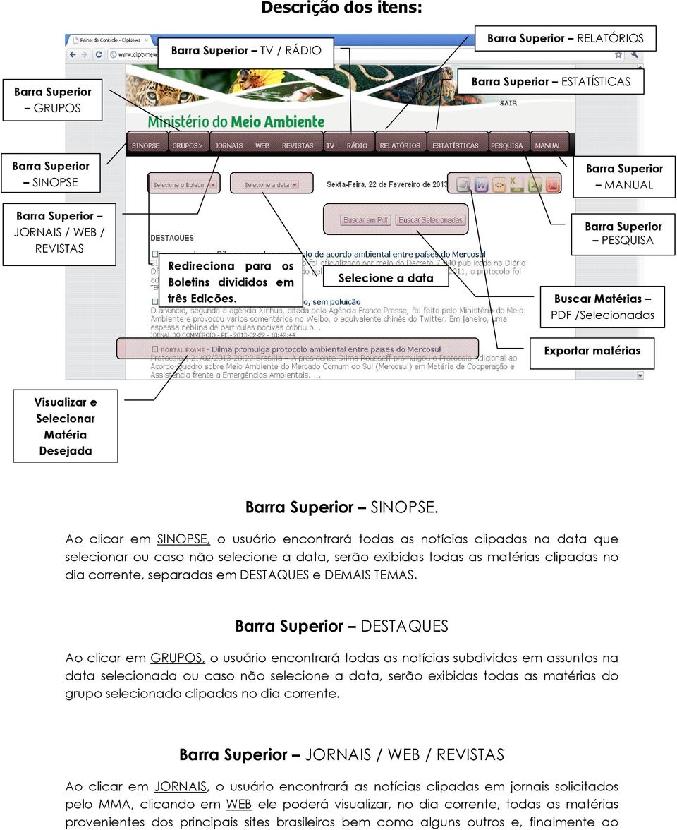 Selecione a data Barra Superior PESQUISA Buscar Matérias PDF /Selecionadas Exportar matérias Visualizar e Selecionar Matéria Desejada Barra Superior SINOPSE.