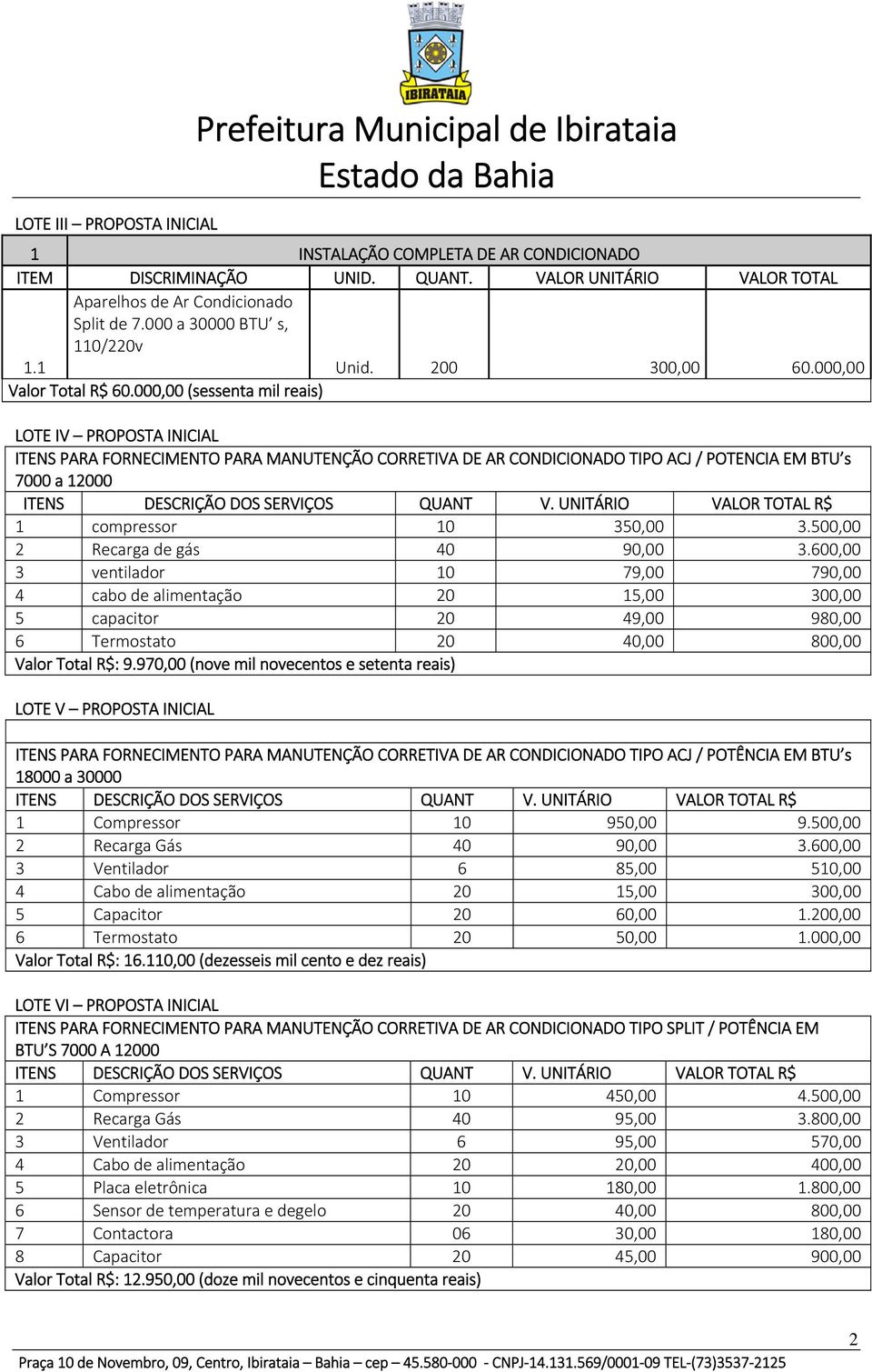 000,00 (sessenta mil reais) LOTE IV PROPOSTA INICIAL ITENS PARA FORNECIMENTO PARA MANUTENÇÃO CORRETIVA DE AR CONDICIONADO TIPO ACJ / POTENCIA EM BTU s 7000 a 12000 1 compressor 10 350,00 3.