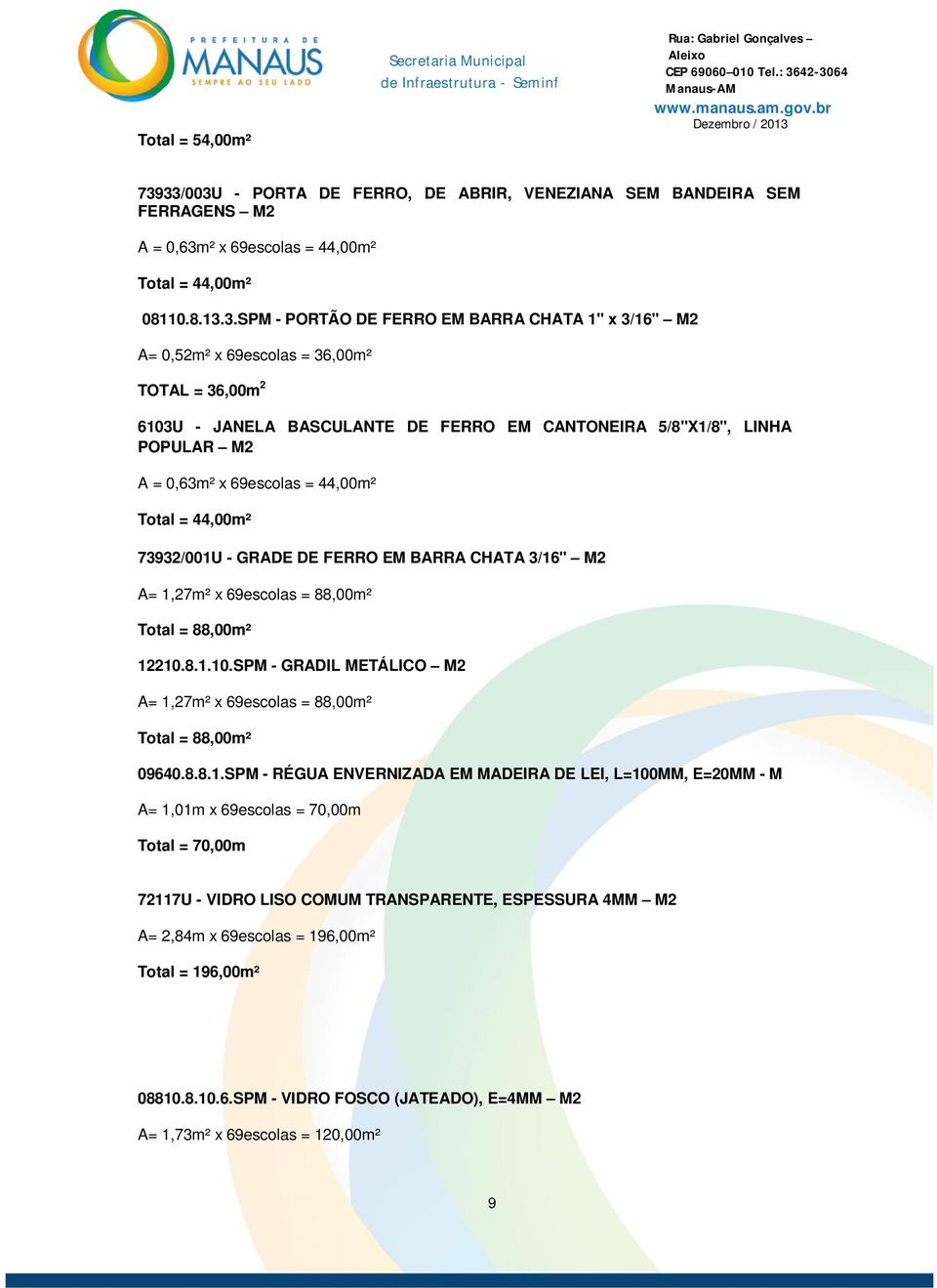 x 69escolas = 36,00m² TOTAL = 36,00m 2 6103U - JANELA BASCULANTE DE FERRO EM CANTONEIRA 5/8"X1/8", LINHA POPULAR M2 A = 0,63m² x 69escolas = 44,00m² Total = 44,00m² 73932/001U - GRADE DE FERRO EM