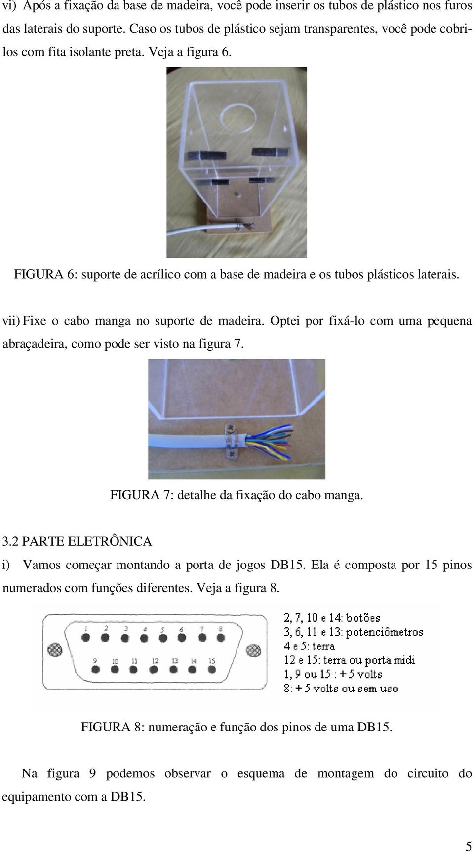 vii) Fixe o cabo manga no suporte de madeira. Optei por fixá-lo com uma pequena abraçadeira, como pode ser visto na figura 7. FIGURA 7: detalhe da fixação do cabo manga. 3.