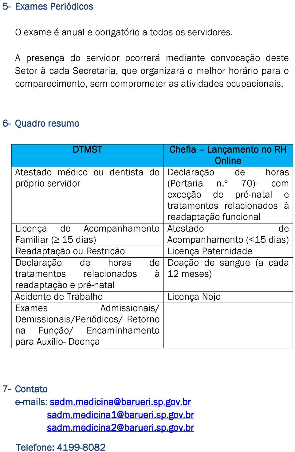 6- Quadro resumo DTMST Atestado médico ou dentista do próprio servidor Licença de Acompanhamento Familiar ( 15 dias) Readaptação ou Restrição Declaração de horas de tratamentos relacionados à