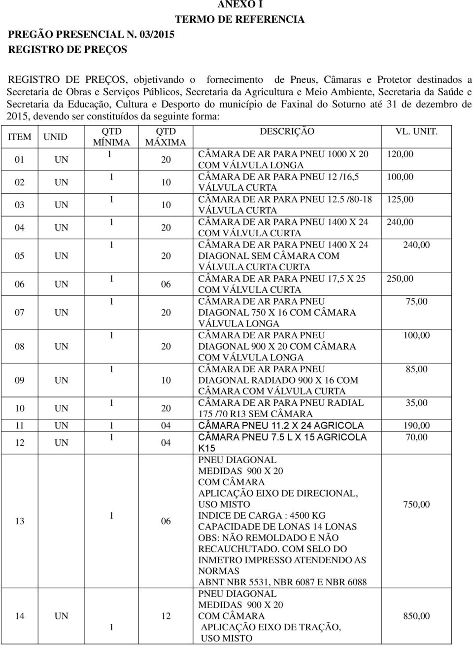 Secretaria da Saúde e Secretaria da Educação, Cultura e Desporto do município de Faxinal do Soturno até 3 de dezembro de 205, devendo ser constituídos da seguinte forma: ITEM UNID QTD QTD DESCRIÇÃO