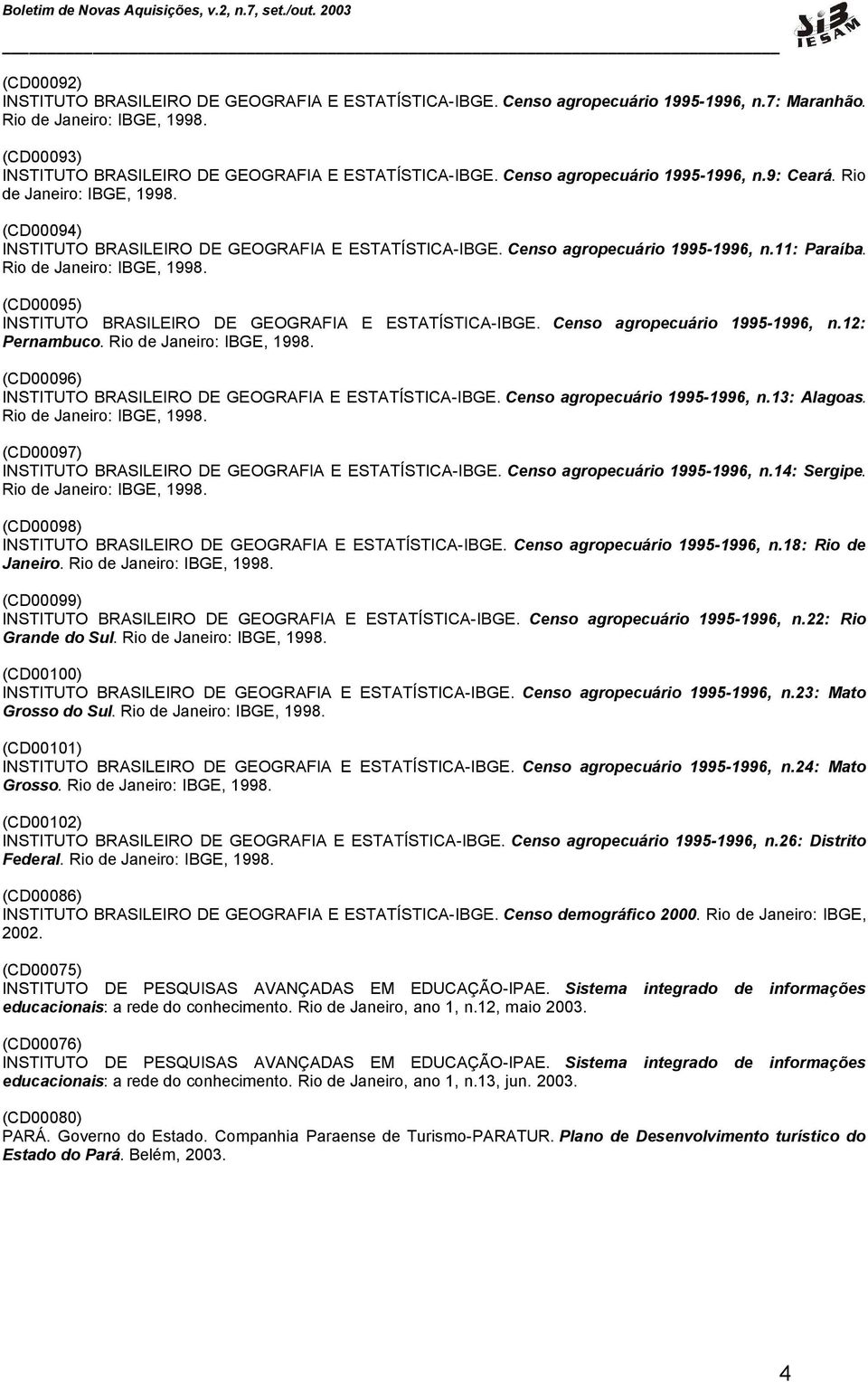 (CD00095) INSTITUTO BRASILEIRO DE GEOGRAFIA E ESTATÍSTICA-IBGE. Censo agropecuário 1995-1996, n.12: Pernambuco. (CD00096) INSTITUTO BRASILEIRO DE GEOGRAFIA E ESTATÍSTICA-IBGE.
